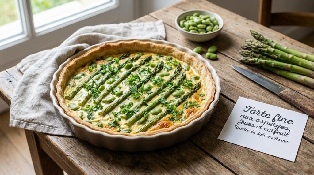 Tarta fina con espárragos, habas y perifollo