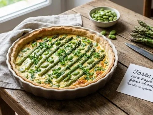 Tarta fina con espárragos, habas y perifollo