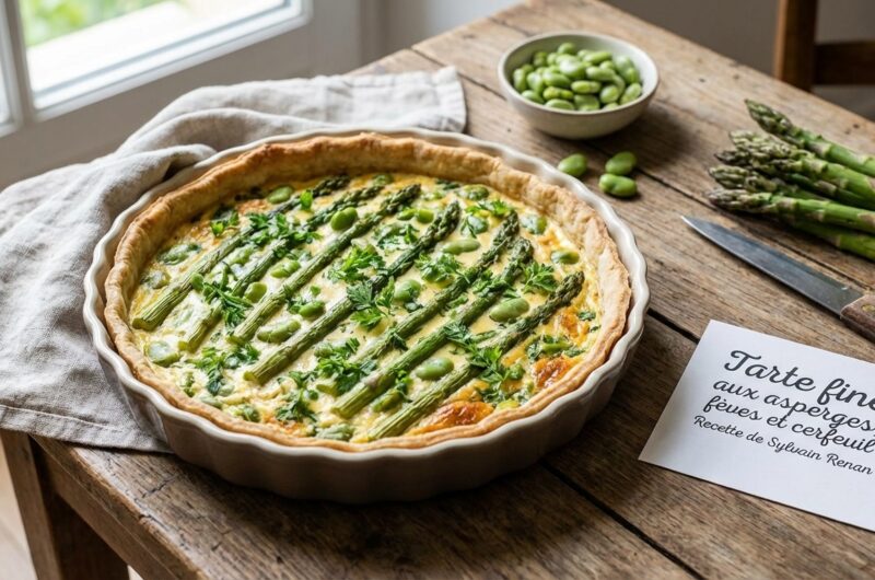Tarta fina con espárragos, habas y perifollo