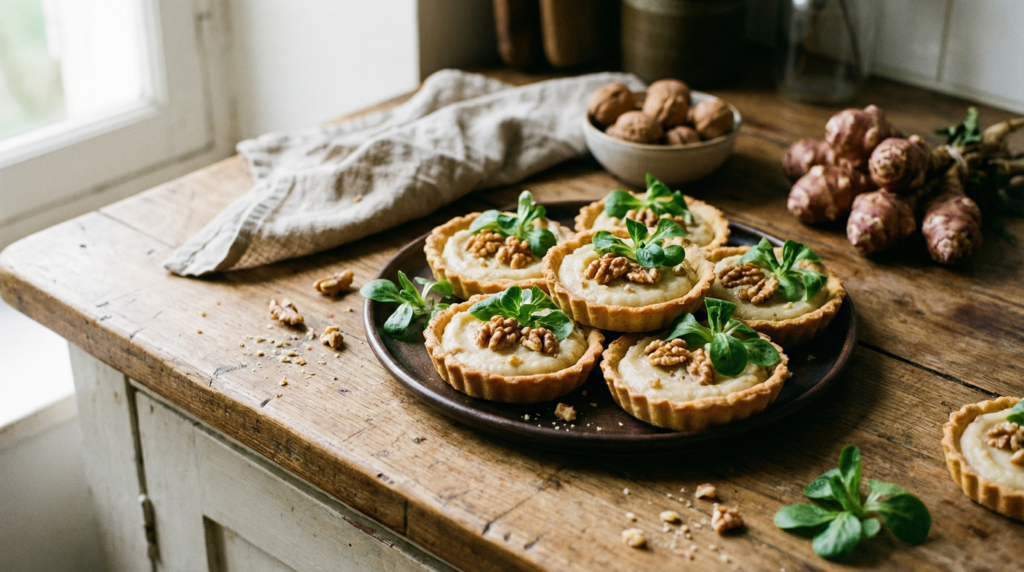 Tartaletas de alcachofa de Jerusalén con nueces y lechuga de cordero
