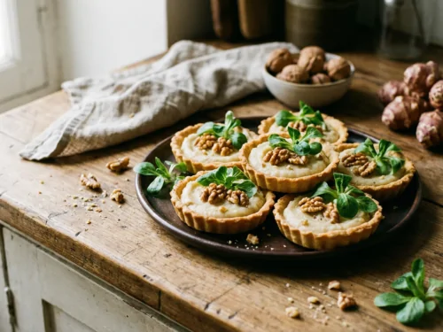 Tartaletas de alcachofa de Jerusalén con nueces y lechuga de cordero