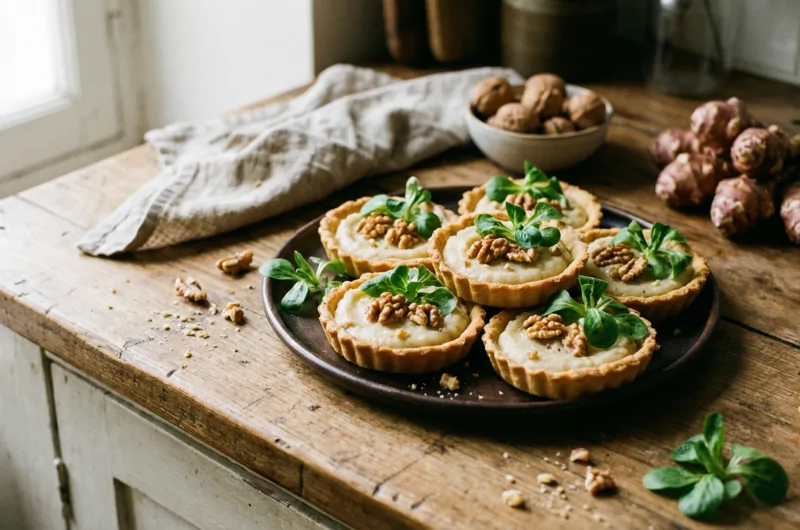 Tartaletas de alcachofa de Jerusalén con nueces y lechuga de cordero