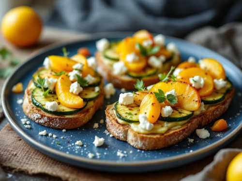 Tostadas de calabacín a la plancha con queso de cabra y melocotones