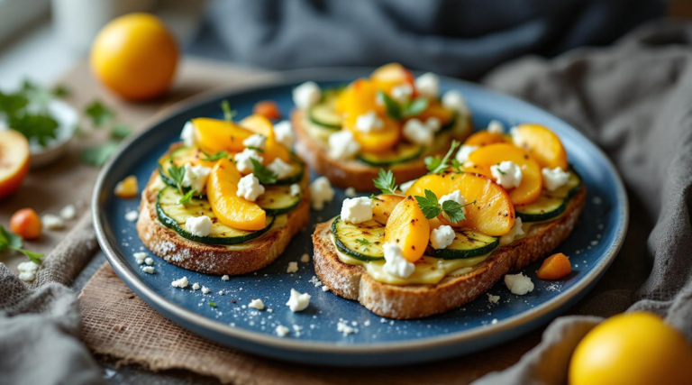 Tostadas de calabacín a la plancha con queso de cabra y melocotones