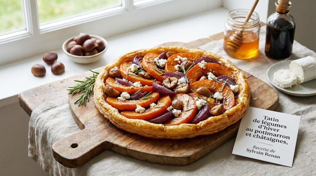 Tarta tatin de verduras de invierno con calabaza y castañas