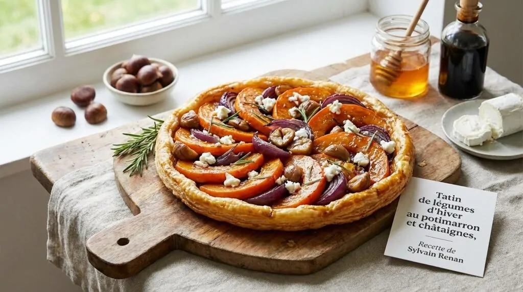 Tarta tatin de verduras de invierno con calabaza y castañas