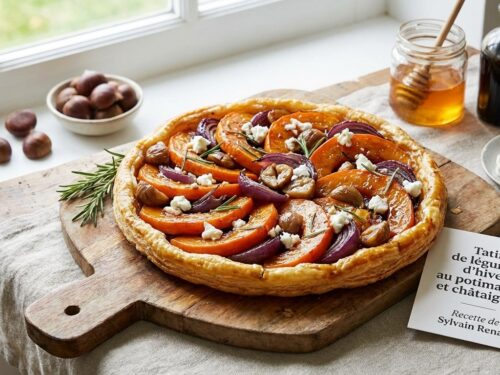 Tarta tatin de verduras de invierno con calabaza y castañas