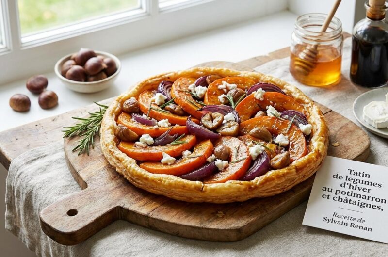 Tarta tatin de verduras de invierno con calabaza y castañas