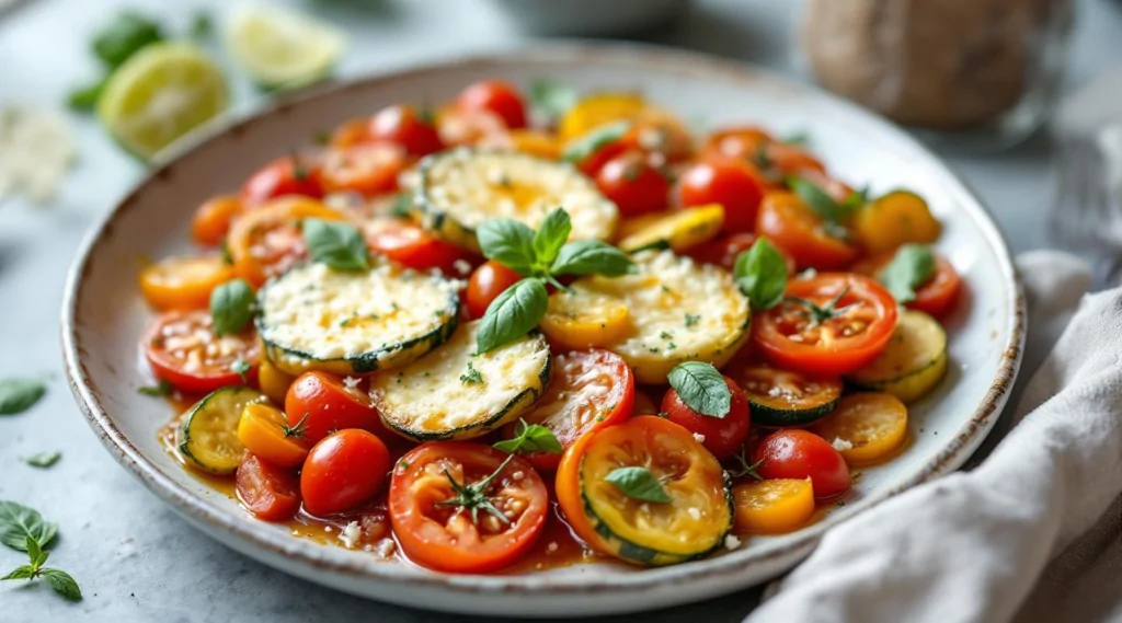 Tian di zucchine, pomodori e basilico con formaggio di capra