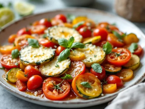 Tian de calabacín, tomate y albahaca con queso de cabra