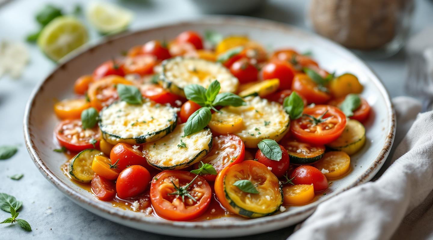 Tian de calabacín, tomate y albahaca con queso de cabra