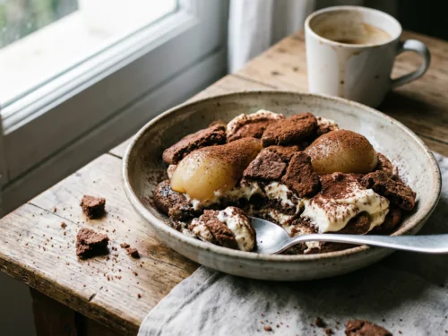 Tiramisú de invierno con galletas de chocolate y pera