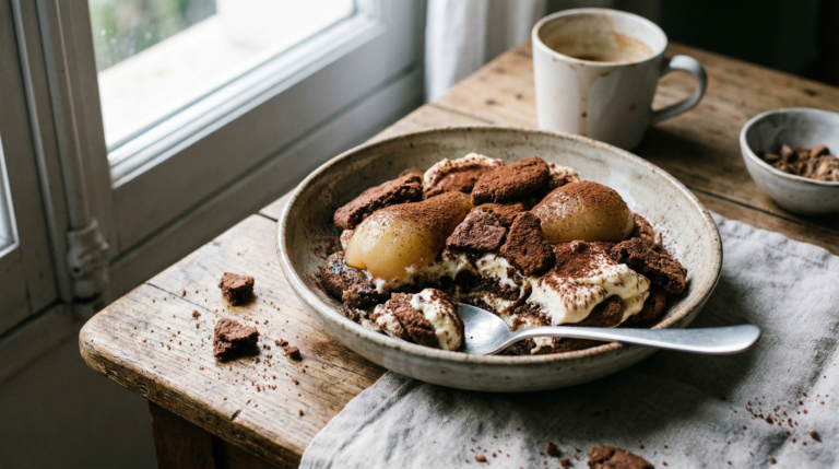 Tiramisú de invierno con galletas de chocolate y pera
