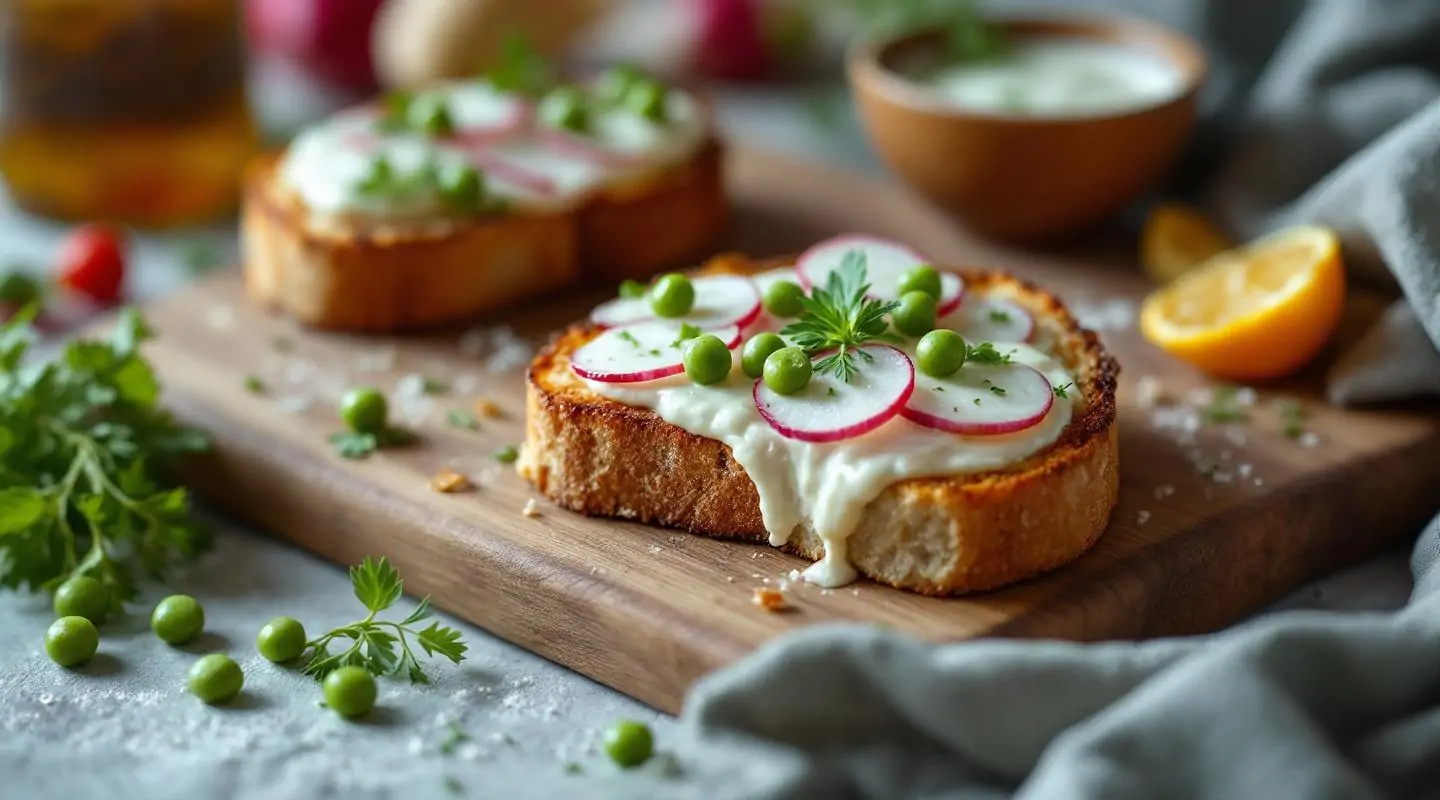 Tostada de guisantes y rábanos con crema de menta