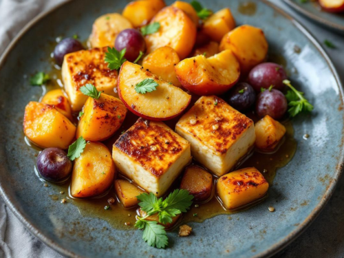 Tofu glaseado con manzanas y castañas asadas