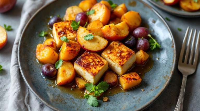 Tofu laqué aux pommes et châtaignes rôties