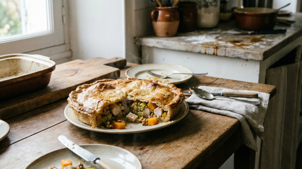 Pastel de pollo, puerro y calabaza con nueces