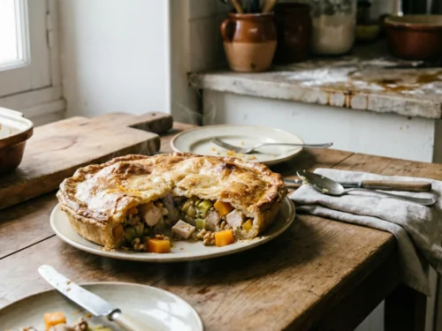 Pastel de pollo, puerro y calabaza con nueces