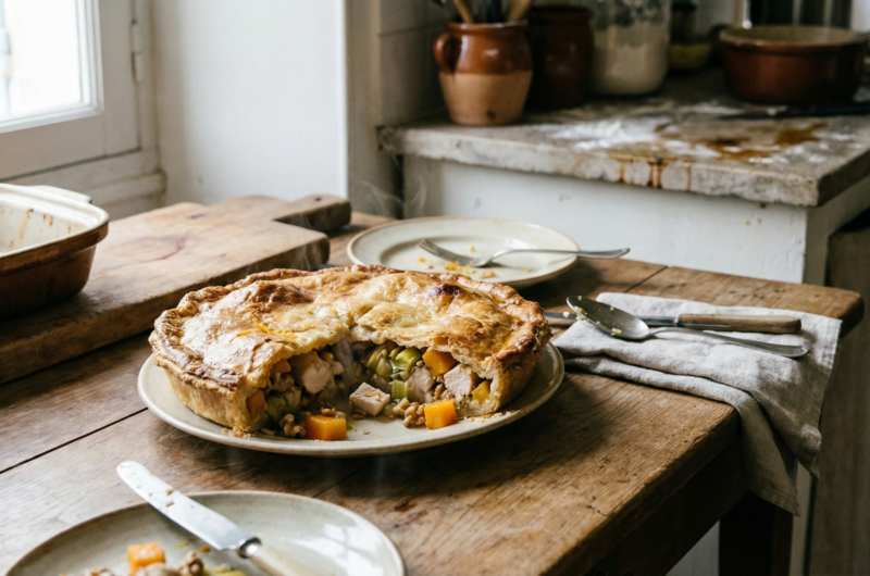 Pastel de pollo, puerro y calabaza con nueces