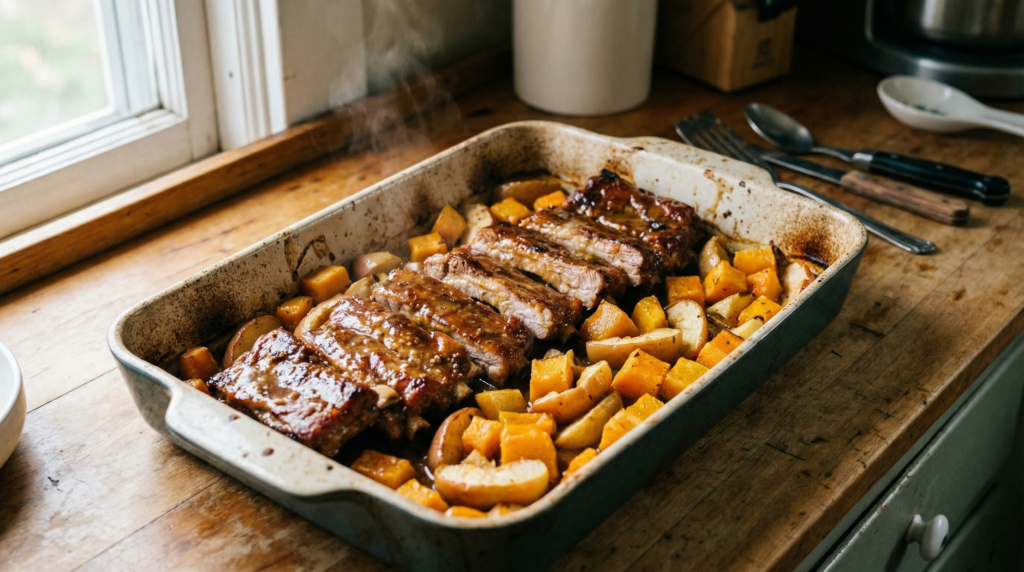 Costillas de cerdo tiernas al horno, calabaza y manzanas