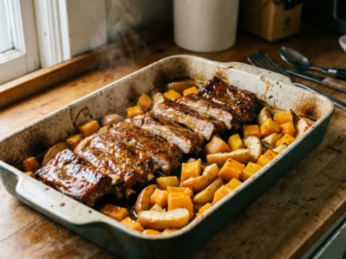 Costillas de cerdo tiernas al horno, calabaza y manzanas