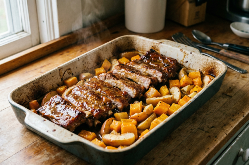 Costillas de cerdo tiernas al horno, calabaza y manzanas