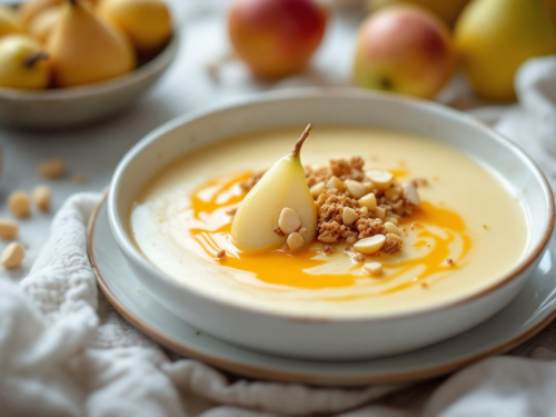 Crema de pera con castañas y crumble de nueces