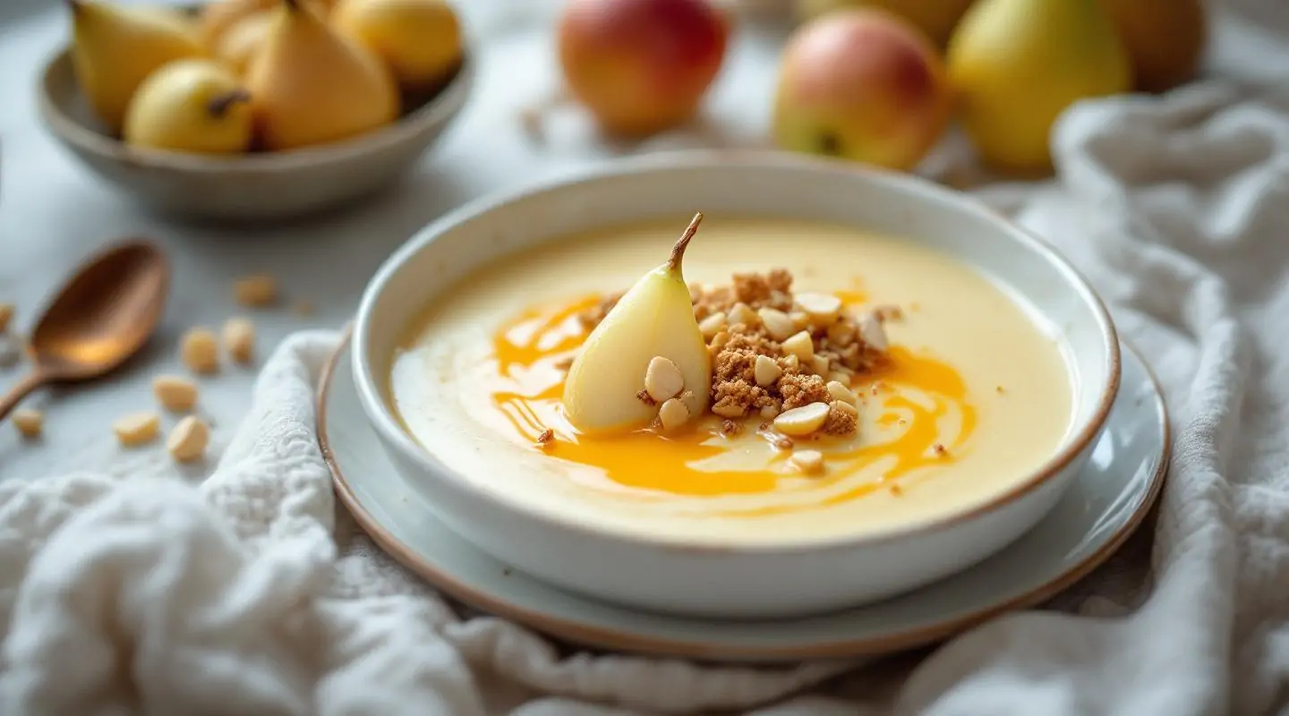 Crema de pera con castañas y crumble de nueces