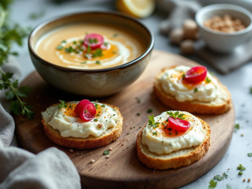 Sopa cremosa de rábano con hojas de rábano y tostadas de queso de cabra fresco