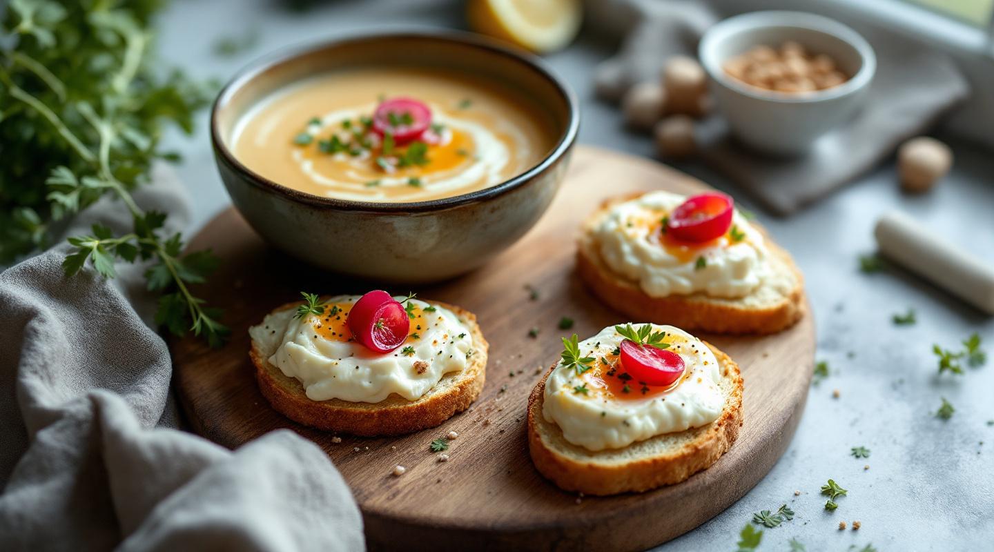 Velouté de radis aux fanes et tartines de chèvre frais