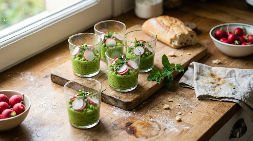 Verrines de petits pois à la menthe et radis croquant