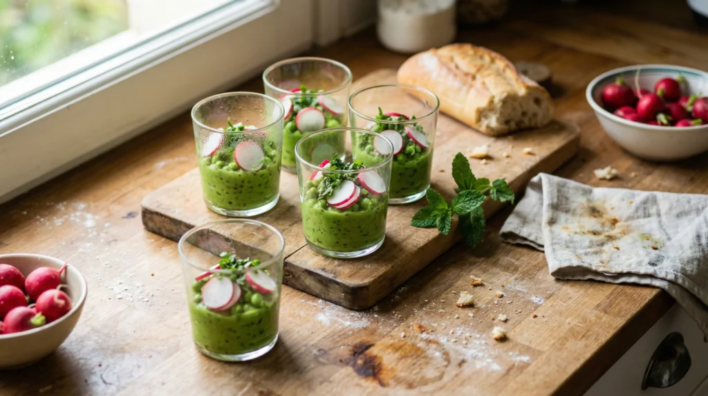 Verrines de guisantes y menta con rábano crujiente