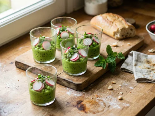 Verrines de guisantes y menta con rábano crujiente