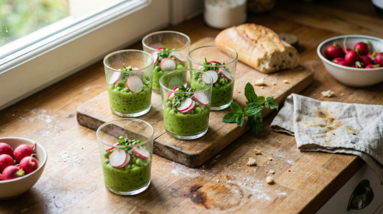 Verrines de guisantes y menta con rábano crujiente