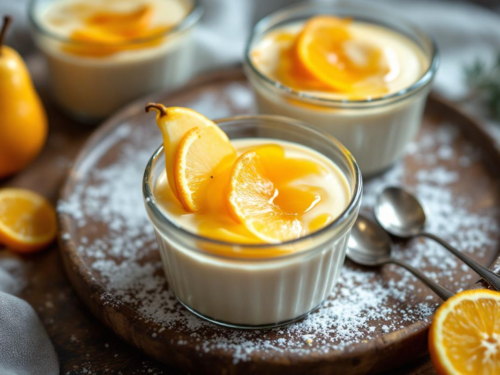 Verrines de pera y castaña con miel de naranja