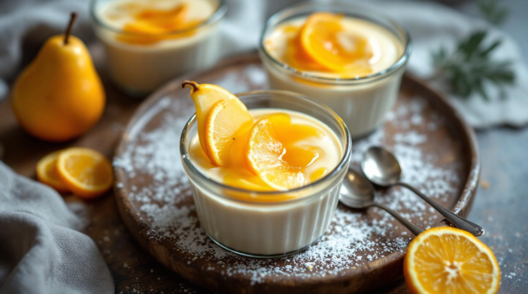 Verrines de pera y castaña con miel de naranja