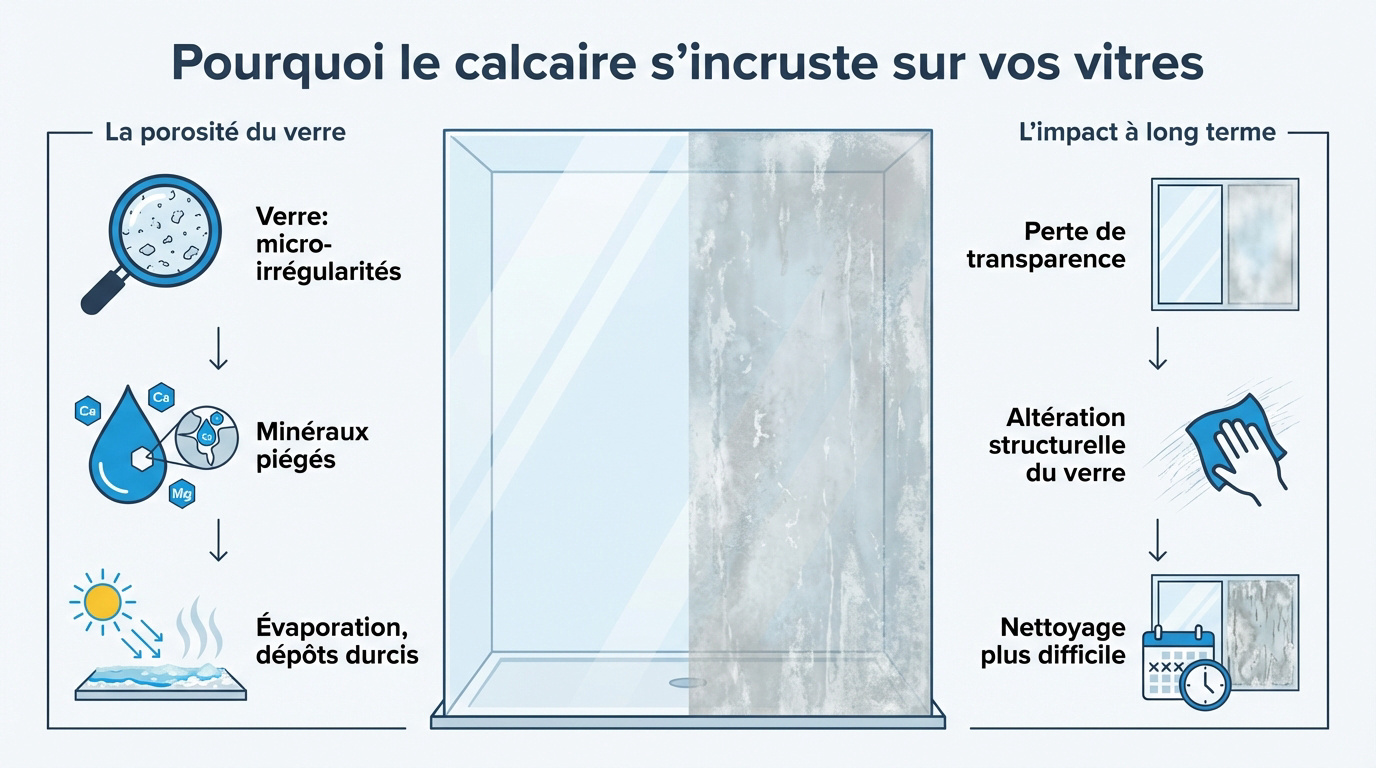 Manchas blancas de cal en un cristal de ventana