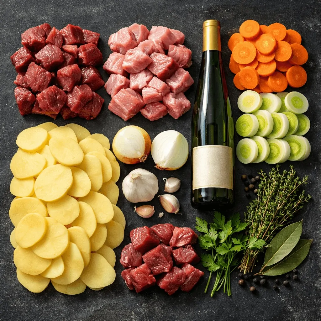 Los ingredientes de la receta tradicional alsaciana de baeckeoffe