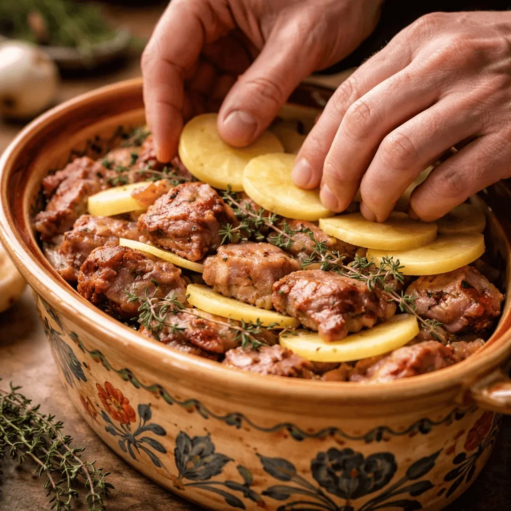 Preparación de la terrina para el tradicional baeckeoffe alsaciano