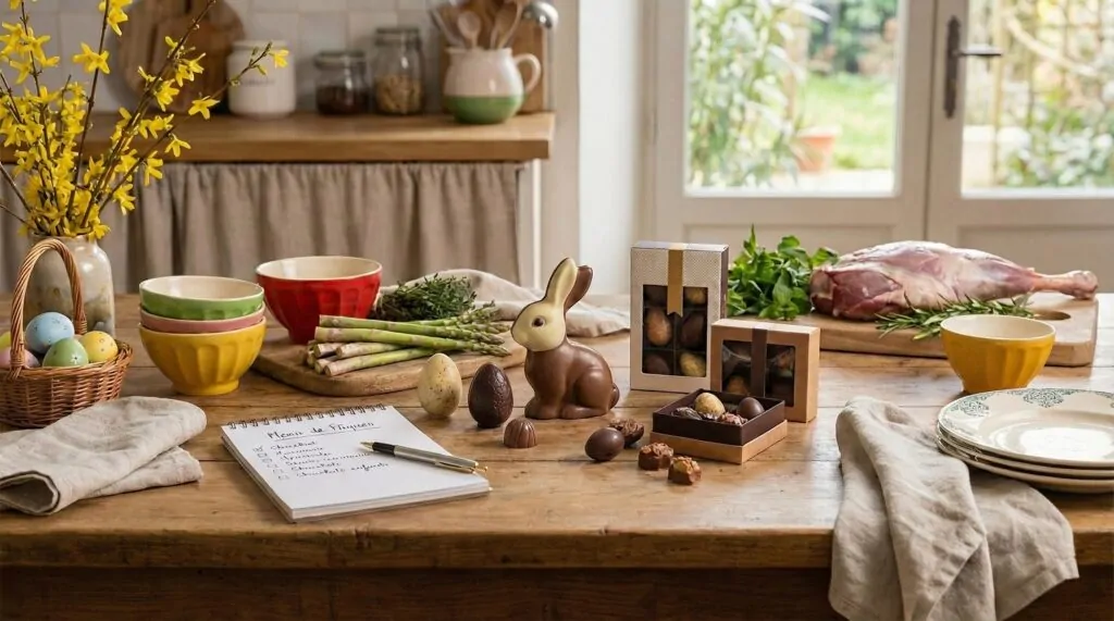 Préparatifs du repas de Pâques en famille avec des chocolats artisanaux préparatifs du repas de Pâques en famille avec des chocolats artisanaux