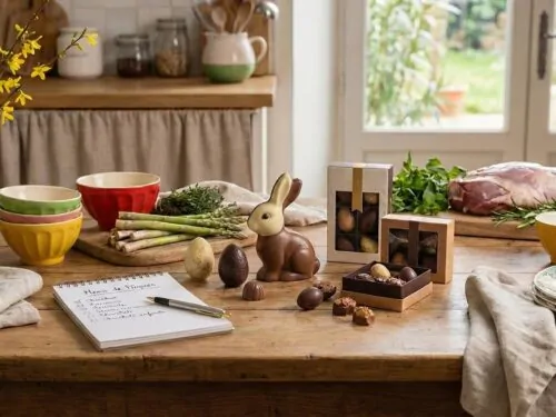 Preparativos para la comida de Pascua en familia, incluyendo bombones artesanales