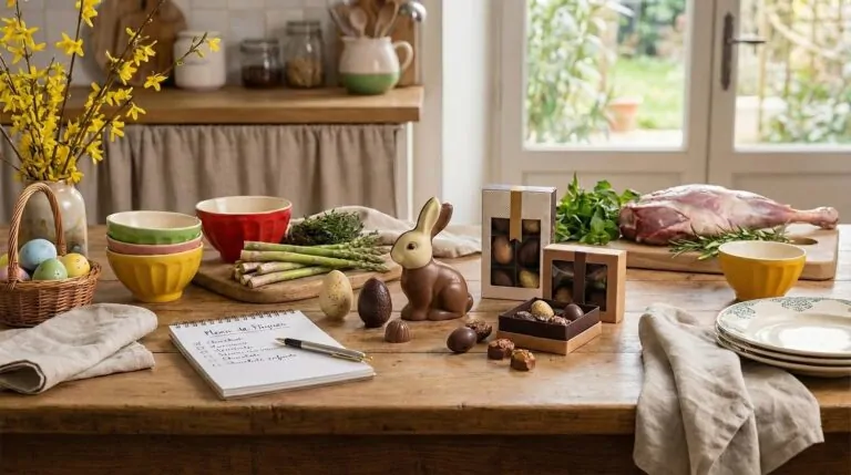 Preparing for a family Easter meal with handcrafted chocolates Easter meal preparations with family, featuring artisanal chocolates