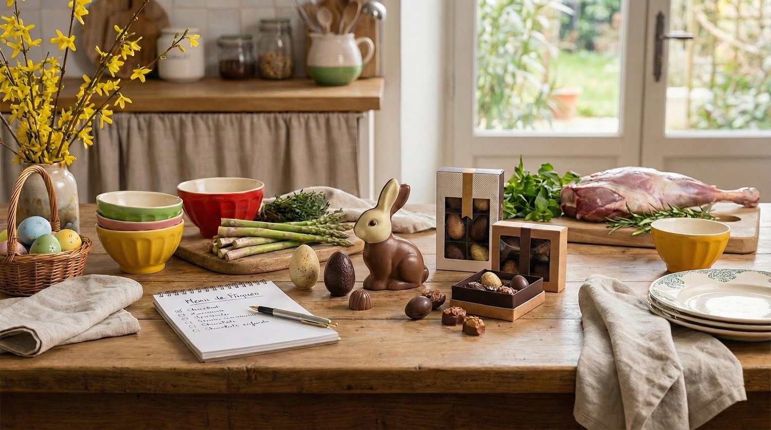 préparatifs du repas de Pâques en famille avec des chocolats artisanaux