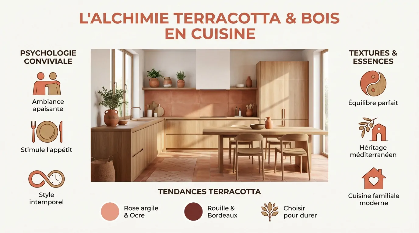 Modern kitchen combining wooden fronts and terracotta walls Modern kitchen combining wooden fronts and terracotta walls