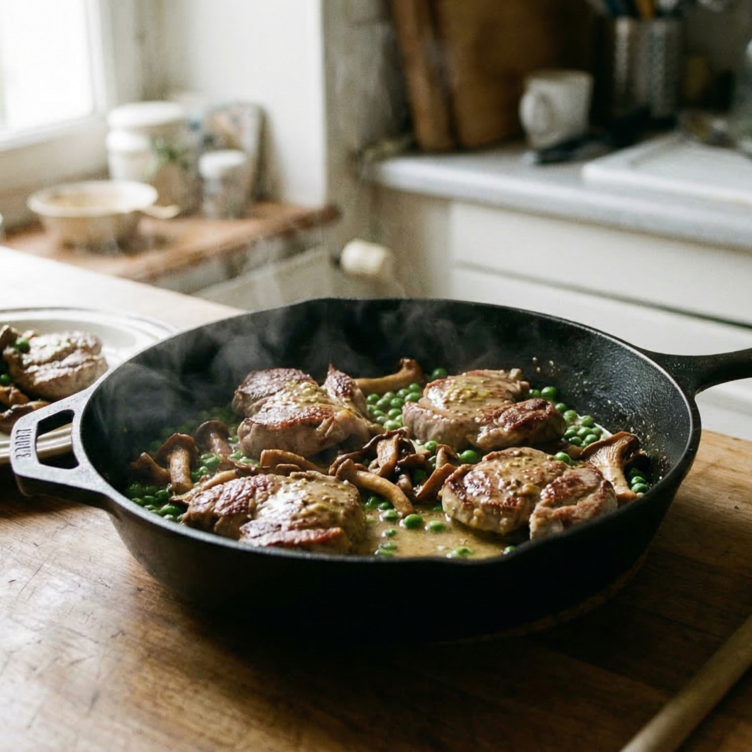 Filete de cerdo con guisantes y champiñones