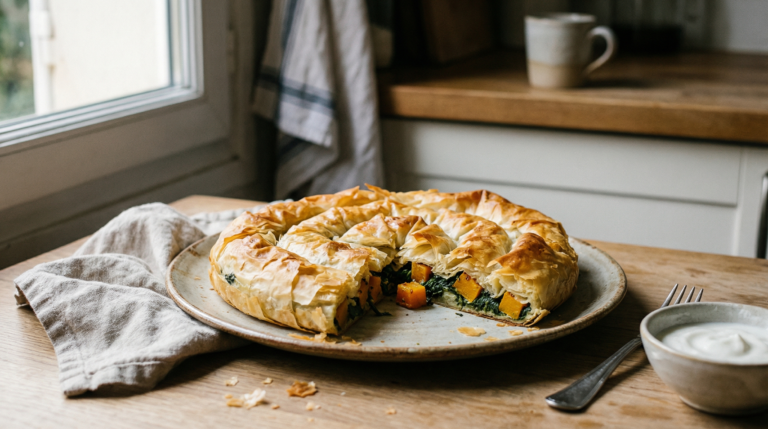Receta de Banitsa búlgara con espinacas y calabaza asada