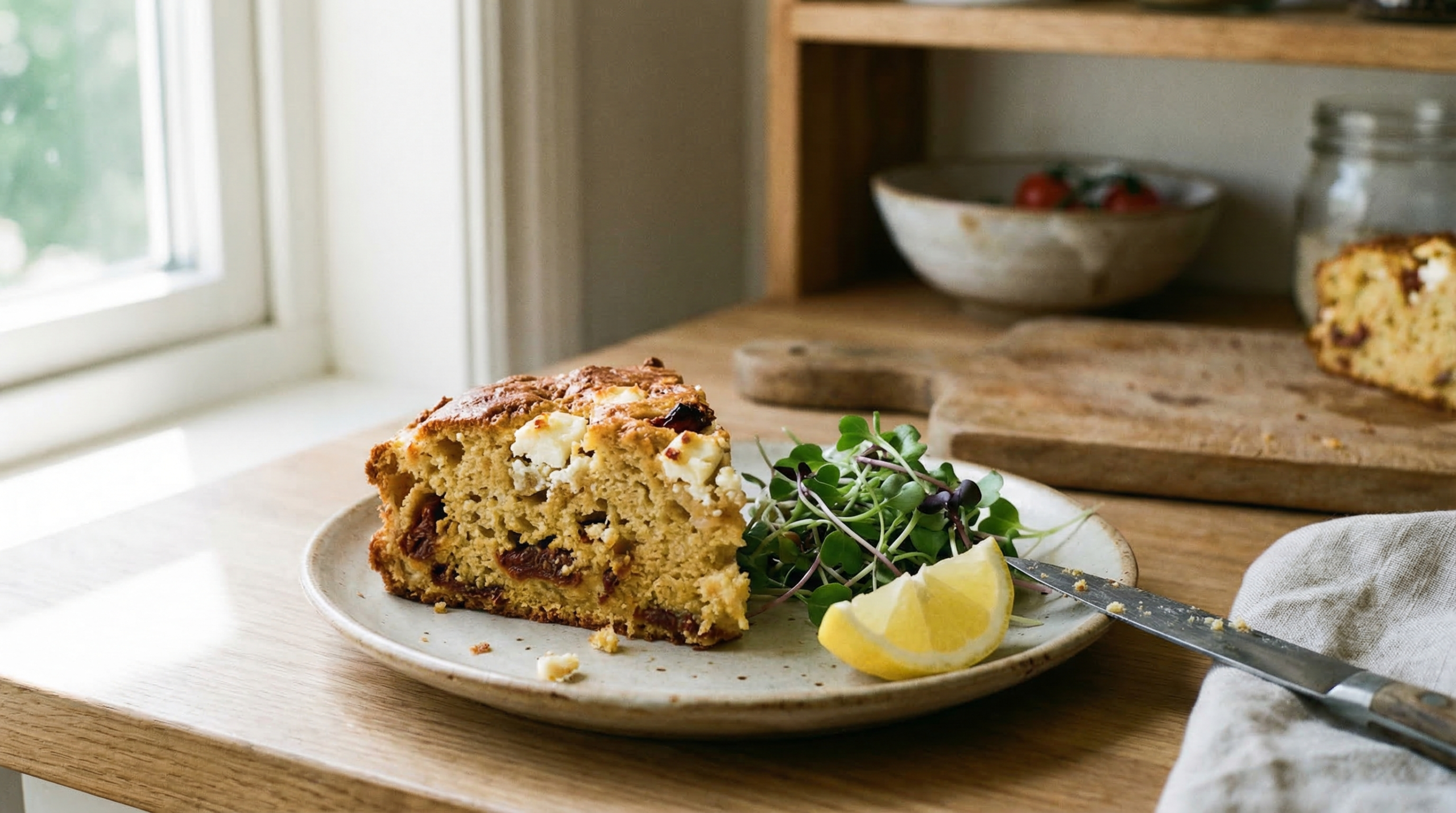 Savory cake with feta and sun-dried tomatoes