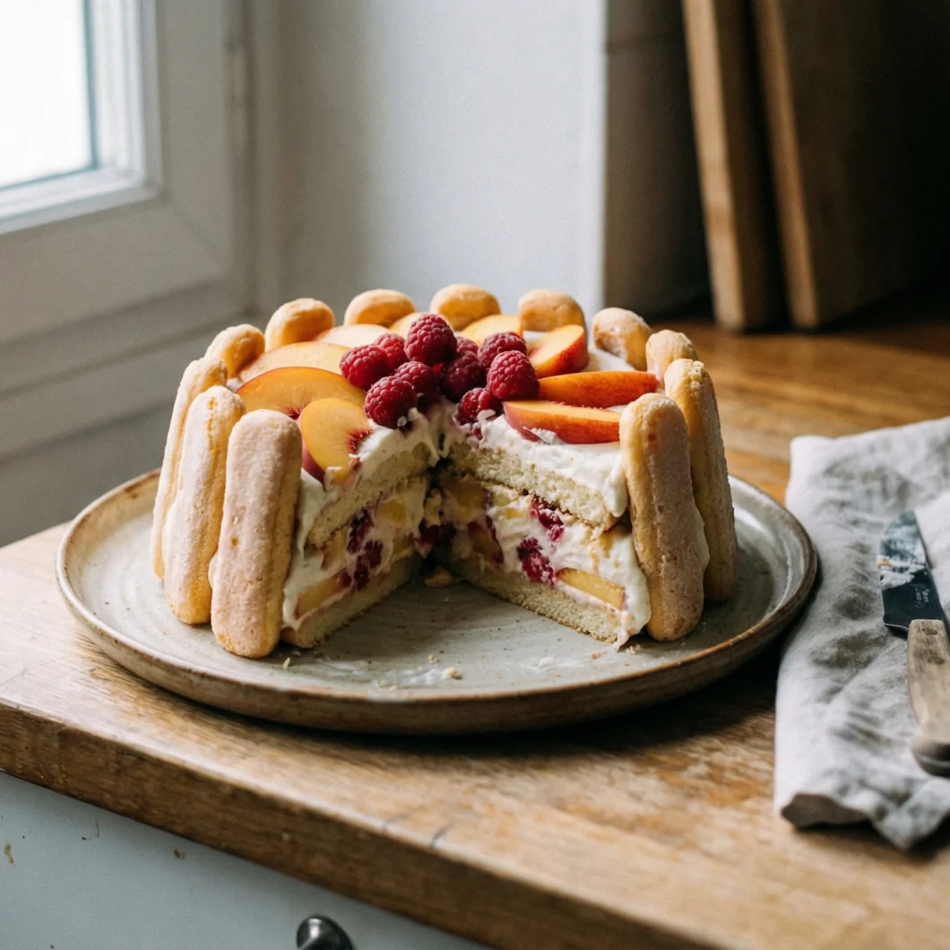 Charlotte con melocotón y mascarpone