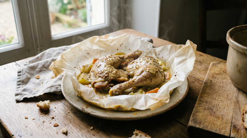 Cuisses de pintade à la moutarde en papillote