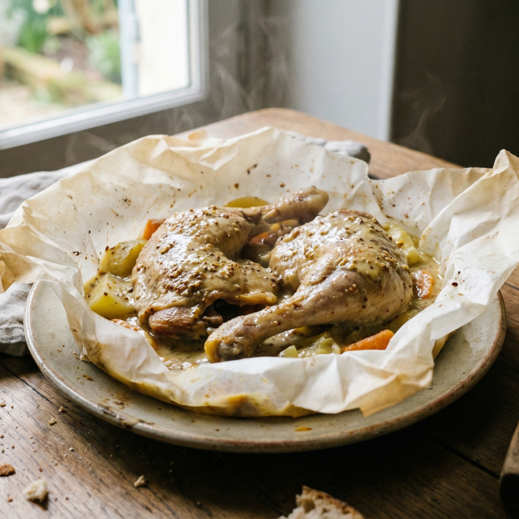 Muslos de pintada con mostaza en papel pergamino